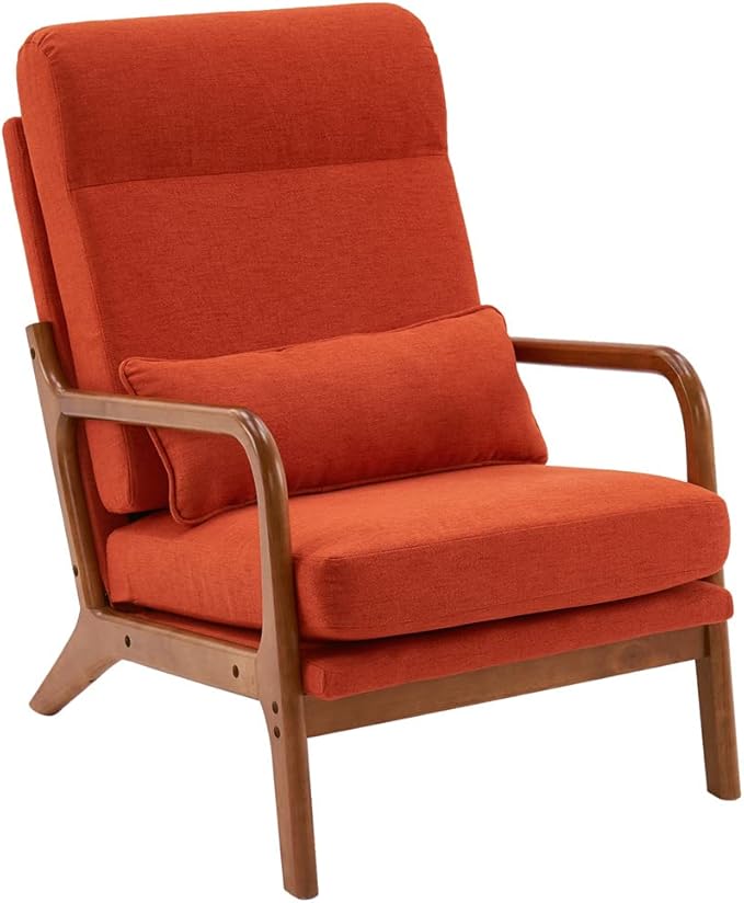 Accent Chair Modern Linen Upholstered Armchair Lounge Chair with Solid Wood Frame and 1 Pillow Comfy Single Sofa Chair Leisure Reading Chair with High Back &amp Armrest for Living Room Bedroom Ora