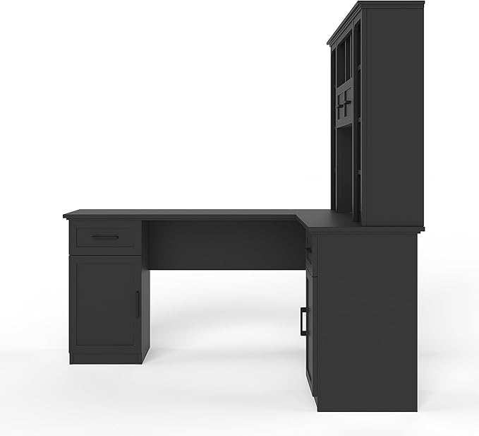 Polibi L-Shaped Computer Desk with Storage - 2-in-1 Design with 2 Drawers and 2 Cabinets 11 Open Shelves &amp Power Outlet for Home Office Black