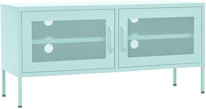 vidaXL Industrial Steel TV Stand/Cabinet in Mint Green - Durable Practical Design 41.3x13.8x19.7 inches Mesh Doors Internal Shelf Cable Management System Height Adjustable