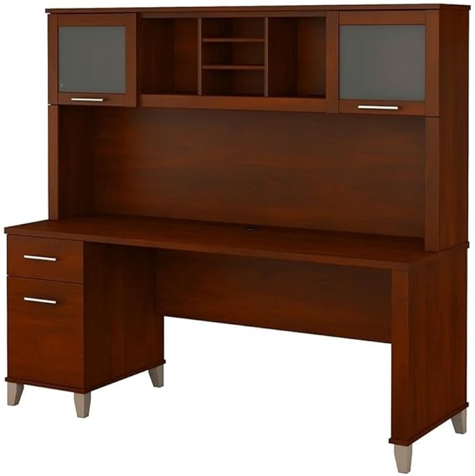 Pemberly Row 72W Office Desk with Hutch Hansen Cherry Finish Engineered Wood Includes File Drawer Frosted Glass Doors Adjustable Shelves Home Office Desk and Storage Solution