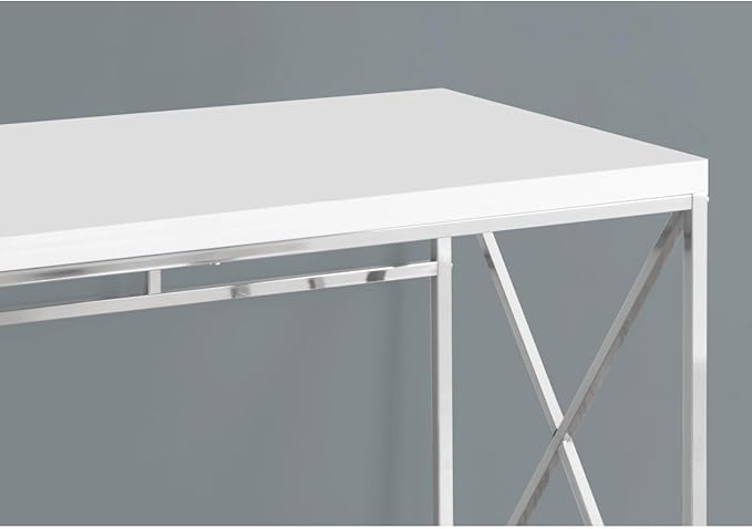 Computer Desk Home Office Laptop Work Glossy White Laminate Chrome Metal Contemporary Modern White Thick Panel Table Limited Space Modern Office Setup