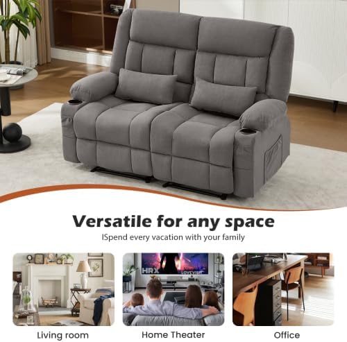 Recliner Loveseat Sofa with Cup Holders 2-Seater Fabric Reclining Couch Manual Recliner Chairs Wall Hugger for Living Room Small Spaces Home Theater RV Love Seats (Gray -2 Seats)