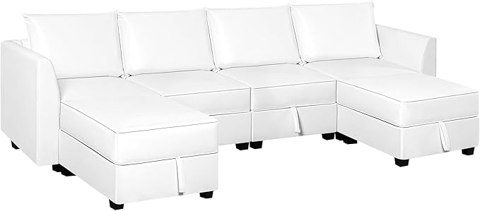 Naomi Home Modular Convertible U-Shaped Sectional Sofa with Reversible Chaise Oversized Couch Elizabeth Sectional Sofa with Ottoman - Air Leather Upholstery White