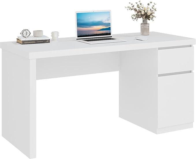 White Desk with Drawers 55 Inch Small Computer Desk with Storage Cute Home Office Desk for Study Vanity Gaming Modern Computer Desk for Bedroom and Office White