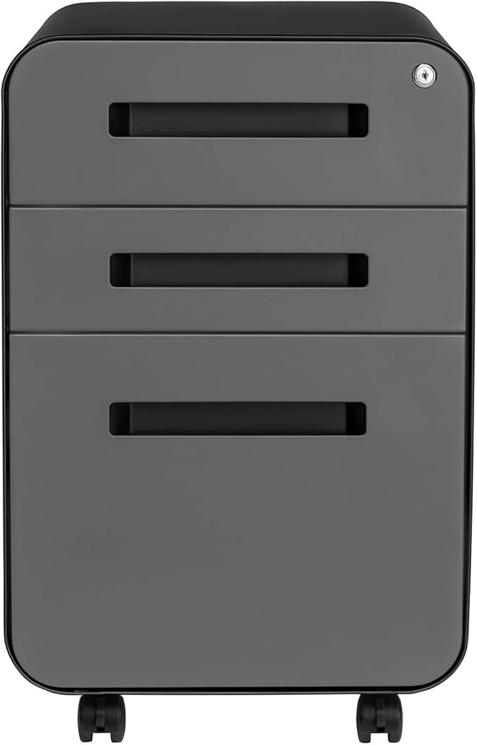 Laura Davidson Furniture Stockpile 3 Drawer File Cabinet with Lock - Under Office Desk Metal Filing Cabinet Legal/Letter File Folders Wheels and Stationary Feet Pre-Assembled Black/Grey