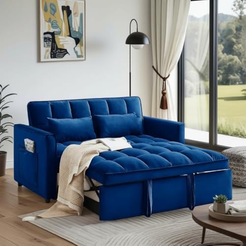 3 in 1 Sofa Bed Love Seat Sleeper Bed with Side Pockets Velvet Fabric Pull Out Couch with Adjustable Backrest for Living Room Bedroom Apartment Blue