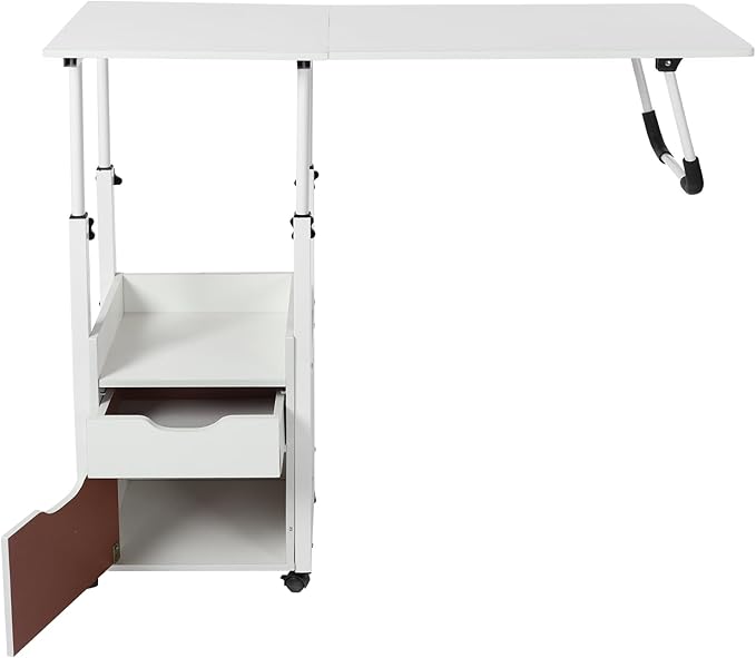 Home Office Desk with Wheels Movable Bedside Table with Plastic Drawers Height Adjustable Over Bed Desk for Laptop White for Home Office Study (White)