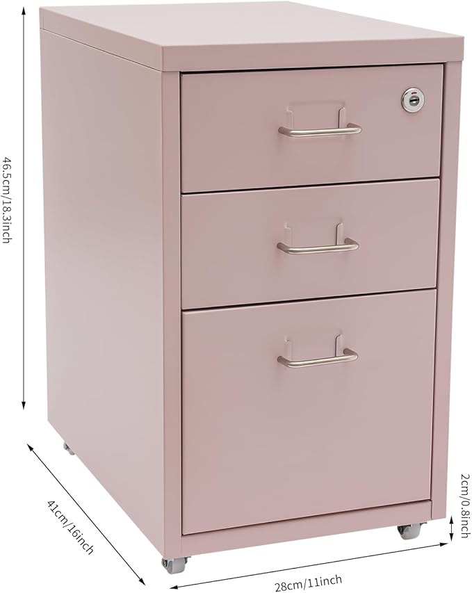 File Cabinet 3 Drawer Mobile Metal Storage Cabinets with Lock and Wheels Vertical Filing Cabinet Under Desk Document Classification Organizer for Office Home Study Dresser (Pink)