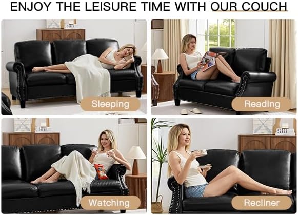 AVZEAR 3-Piece Sectional Sofa Set PU Leather SofaSmall Couch Set Mid Century Modern Couches with Classic Tufted Button Comfy 1+2+3 Seater Couch for Living Room Black