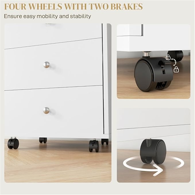 White Rolling Cabinet Mobile Organization for Home Office Under Desk Storage on Wheels16.9 W x 15.7 D x 26.2 H Particleboard Rolling File Cabinet Mobile Storage for Home or Professional Office