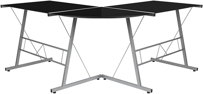 Flash Furniture Black Glass L-Shape Corner Computer Desk with Silver Metal Frame