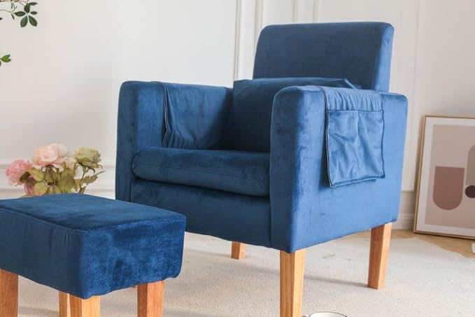 TAKUKA Modern Accent Chair with Ottoman SetComfy Velvet Fabric Armchair with Footrest Upholstered Chair with Side Pocket Soft Reading Lounge Chair for Living RoomBedroomOffice (Velvet Blue)