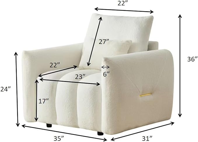 White Oversized Armchair Teddy Cloud Sofa Couch Comfy Upholstered Sherpa Couch with Pillow Modern Deep Seat Single Accent Chair for Living Room Bedroom Office Apartment (White)