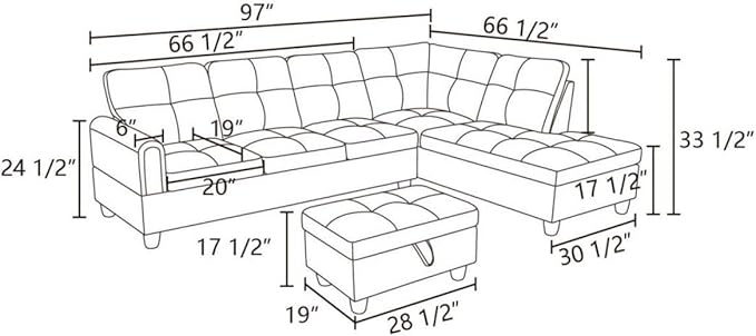 Grey-1 L-Shaped 3-Piece Linen Sofa with Storage Ottoman Set Sectional Couch Sofa Set for Living Room Office Small Space