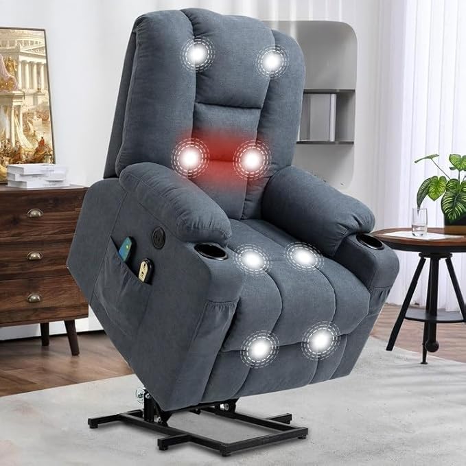 MEETWARM Power Lift Chair Electric Recliner for Elderly Heated Vibration Massage Soft Fabric Recliner Chair with 2 Remote Controls USB Ports Cup Holders &amp Side Pockets for Living Room (Gray-Blue
