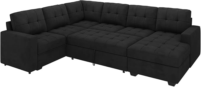 HONBAY Sectional Sleeper Sofa with Pull Out Bed Sleeper Sectional Couch for Living Room Sleeper Sofa Bed with Storage Chaise Velvet Black