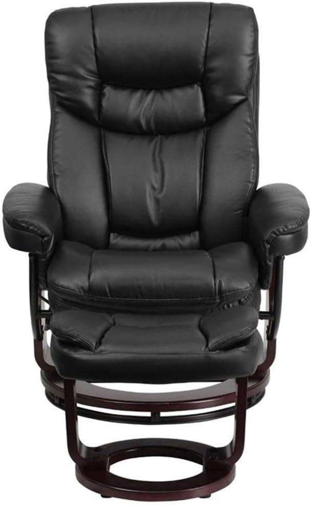 BOWERY HILL LeatherSoft Recliner and Ottoman Black Finish 41.25 H x 33 W x 44.5 D Swivel Base with Mahogany Wood Integrated Headrest Plush Arms Durable Leather Upholstery for Home or Office