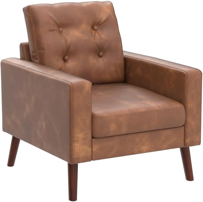 HNY Set of 2 Mid Century Modern Armchair Button Tufted Faux Leather Accent Chair with Arm Upholstered Club Chair for Living Room Bedroom Rubber Wood Legs Caramel 29.1D x 32.3W x 33.1H Inch