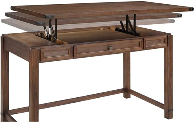 Pemberly Row Sit-to-Stand Lift Desk Brushed Walnut Brown Finish Solid Wood and Veneer 48 W x 24 D x 30.25 H Adjustable Height Classic Wire Brushed Texture Full Post Construction Home Office
