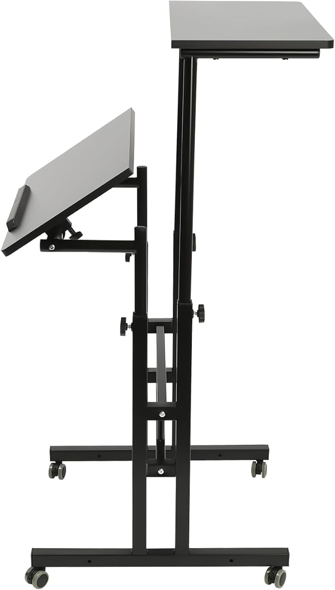 Movable Standing Desk Adjustable Height &amp Angle Rolling Lifting Laptop Podium Desk Side Table Tilting Panel Mobile Standing for Office Teacher Classroom School Meeting Room Study Room (Black)