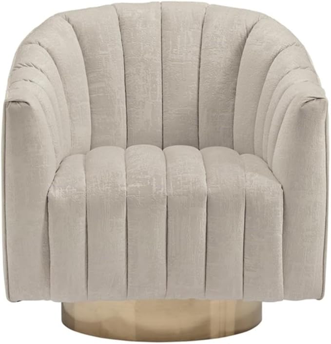 BOWERY HILL Contemporary Swivel Accent Chair Polyester Pearl Velvet Upholstery Barrel Back Brass-Tone Metal Base 31 in H x 30 in W x 32.25 in D Ivory Finish Modern Living Room or Lounge Chair