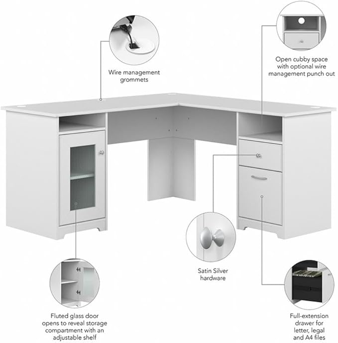 BOWERY HILL 60W L Shaped Computer Desk with Storage Engineered Wood White Finish Fluted Glass Door 2 Drawers Wire Management Home Office Corner Desk for Workspace Organization