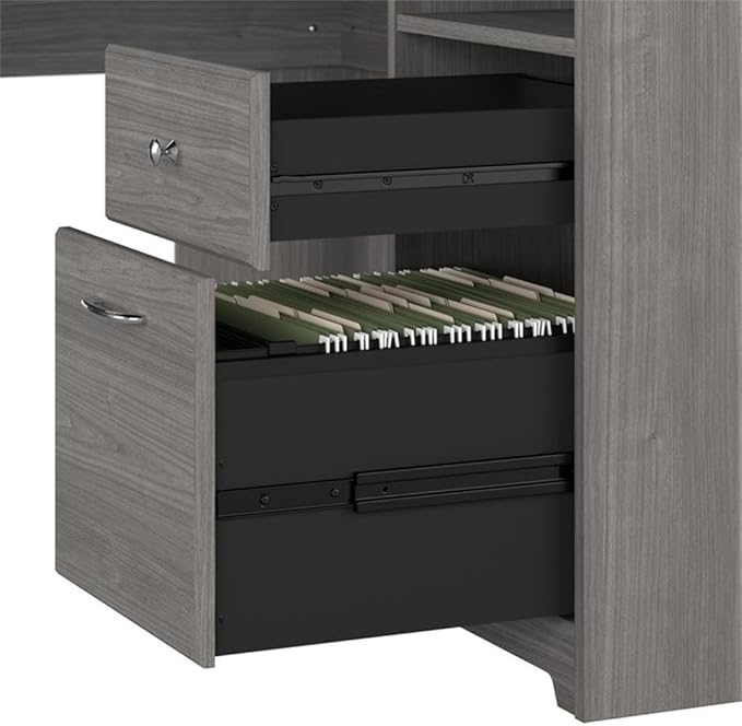 Pemberly Row 60 L Shaped Computer Desk Engineered Wood Gray Finish Transitional Style Home Office Desk with Storage Cabinet File Drawer Adjustable Shelf Wire Management Cubby Spaces