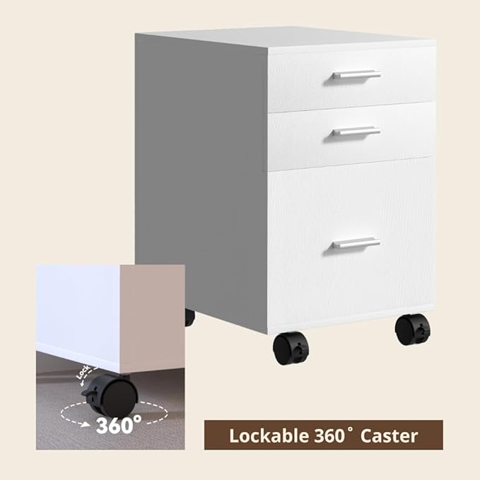 3 Drawer File Cabinet with WheelsPre-Assembled Brown Wood OrganizerFits A4/Letter Size for Home OfficeMobile Printer Stand Storage19 L x 16 W x 22 H (White)