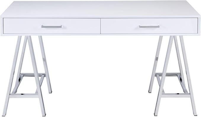 Coleen White High Gloss Writing Desk | USB Charging Port | Spacious Drawers | Compact Home Office