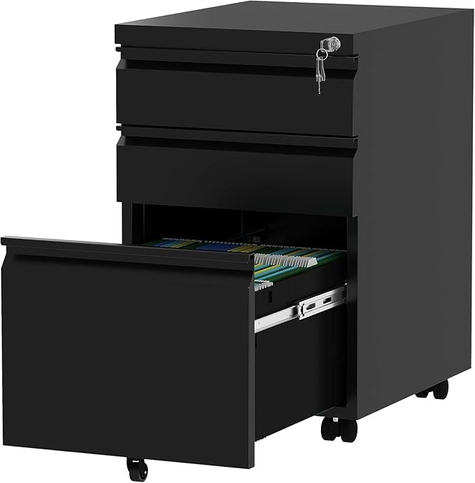 YITAHOME 3-Drawer Rolling Filing Cabinet Office Drawers Lockable Office Storage Cabinet with Hanging Bars and Pencil Tray Pre-Assembled Metal File Cabinet Under Desk (Black)