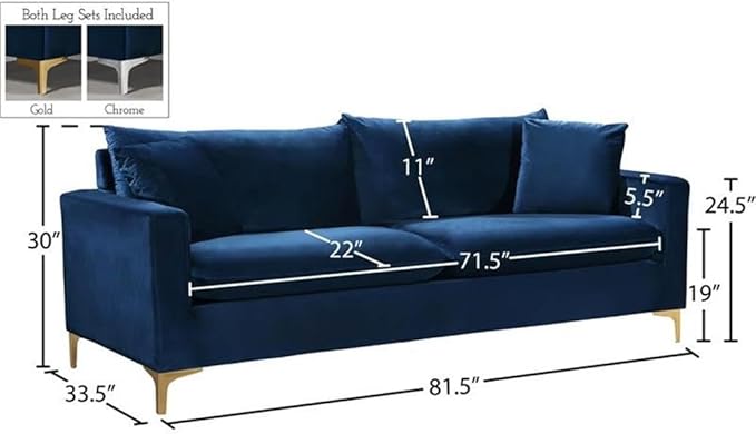 Meridian Furniture Naomi Collection Modern | Contemporary Navy Velvet Upholstered Sofa with Stainless Steel Base in a Rich Gold or Chrome Finish