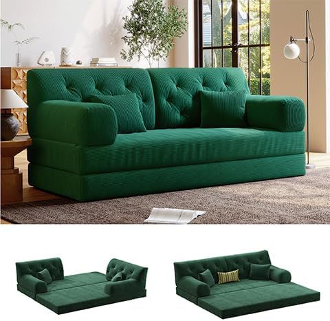 5-in-1 Folding Convertible Sofa Bed Loveseat Sleeper with Pull-Out Bed Floor Sofa Modular Futon Couch 79 Oversized Corduroy Upholstered Boneless Couch for Living Room Bedroom Lounge Green-C