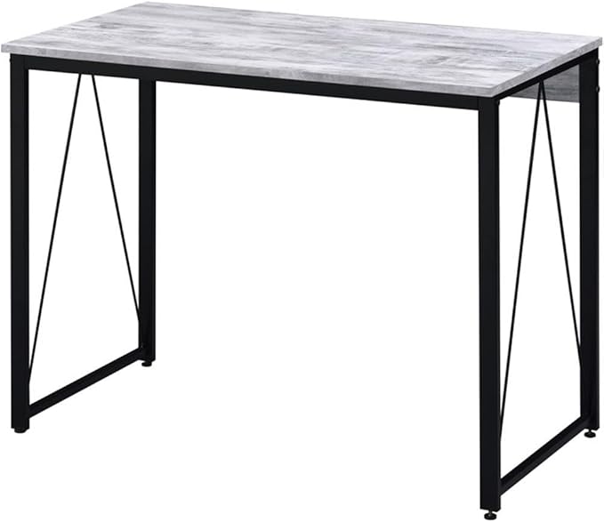BOWERY HILL Wooden Writing Desk 35 W x 18 D x 28 H Antique White and Black Finish Rectangle Top with Metal Sled Base Rustic Industrial Style Home Office Workspace Furniture
