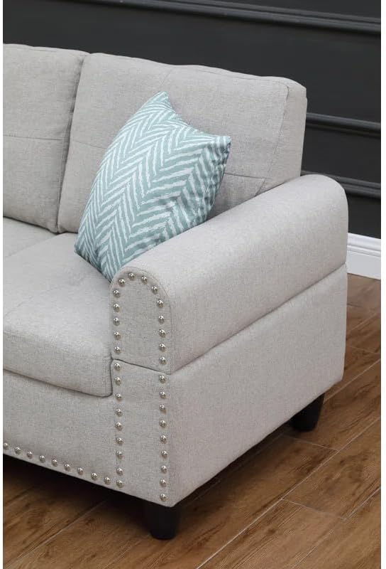 Ball &amp Cast 98 L Shaped Sectional Couch with Chaise Linen Upholstered Modular Sectional Sofa with Pillows and Cup Holders5 Seater Comfy SofaNailhead Trim Designfor Living RoomApartmentBeige
