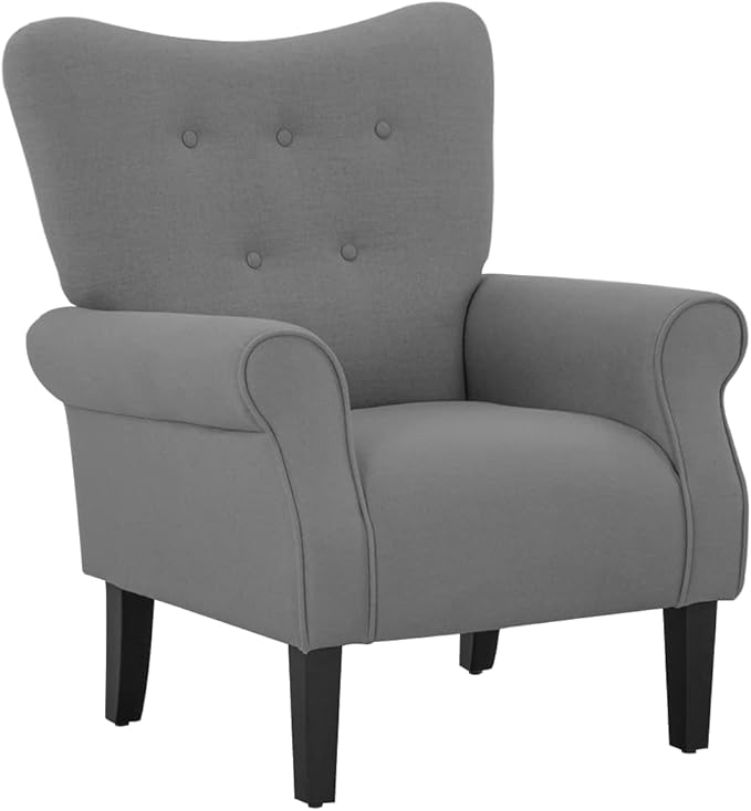 YOLENY Modern Accent ChairHigh Back ArmchairUpholstered Fabric Button Single Sofa with Wooden Legs for Living RoomBedroomClubGrey