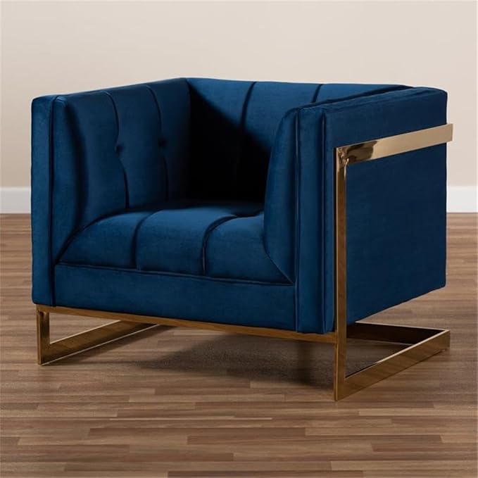 BOWERY HILL Velvet Accent Chair Royal Blue Upholstery Gold Finish Stainless Steel Frame Button Tufted Glam and Luxe Style Plywood Construction Fully Assembled 21.3 W Seat for Living Room and