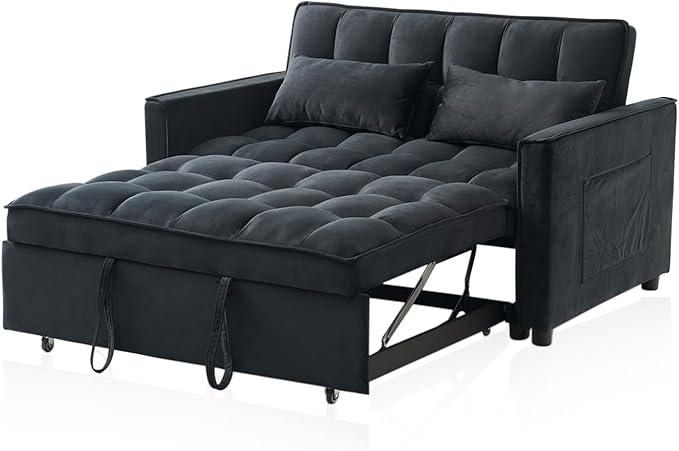 Futon Sofa BedModern 3 in 1 Convertible Sleeper Sofa Pull Out Couch Bed with Adjustable Backrest Storage Pockets and Toss Pillows for Living Room Bedroom (Black)