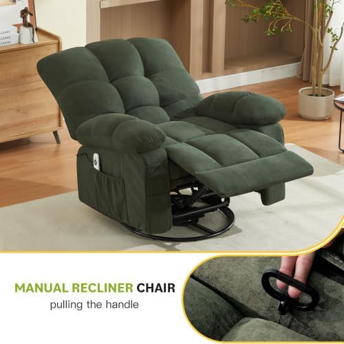 Oversized Recliner Chair for Adults w/ 8-Point 3D Kneading Massage and Lumbar Heating Swivel Rocker Recliner w/USB Charge Port for Living Room Ergonomic Lazy Boy Single Sofa Chair (Green)