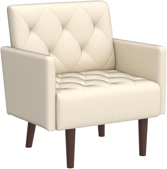Faux Leather Accent Chair Modern Retro Arm Chair for Living Room and Bedroom Tufted Upholstered Sofa Club Chair Comfy Armchair for Small Spaces Bedroom Office (Beige)