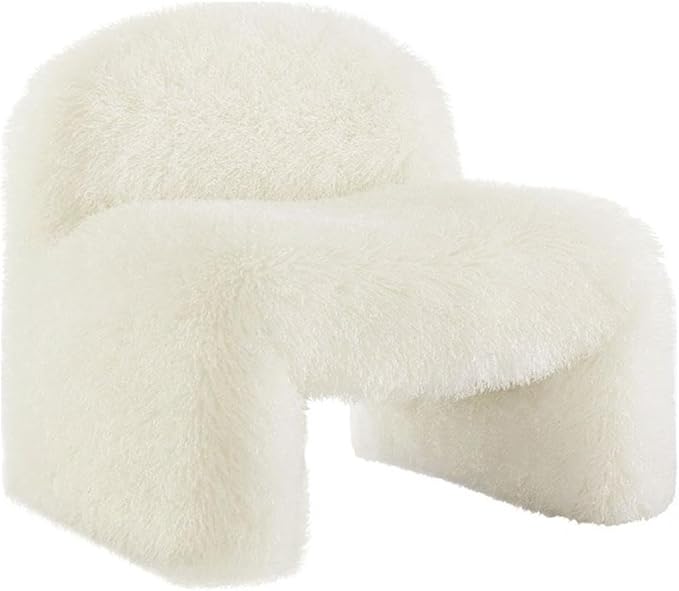 MAKLAINE Contemporary Faux Fur Upholstered Accent Chair White Rounded Backrest Low Profile Armless Design Sled Base with Non-Marking Foot Caps Modern Living Room or Bedroom Seating Fully