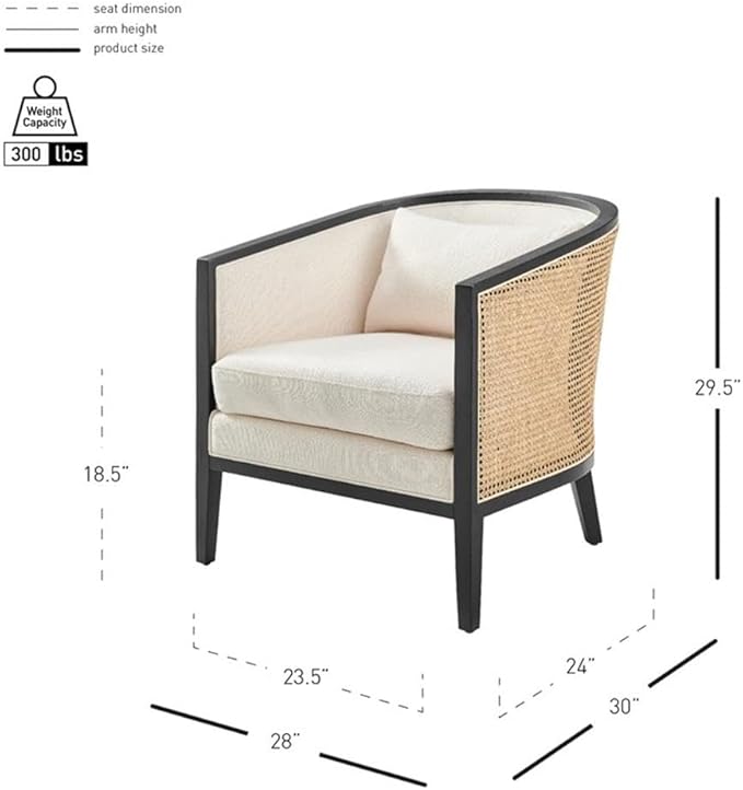 Pemberly Row Accent Arm Chair Rattan Frame with Black Legs Natural Linen Cushion Barrel-Back Design 300 lbs Weight Capacity 28 W x 30 D x 29.5 H Living Room Seating