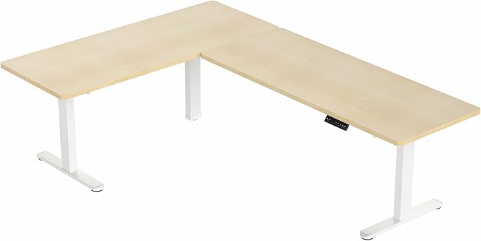 VIVO Electric Height Adjustable 83 x 60 inch Corner Stand Up Desk 2 Light Wood Solid Table Tops White Frame Memory Controller L-Shaped Workstation 3E Series DESK-KIT-3E8C