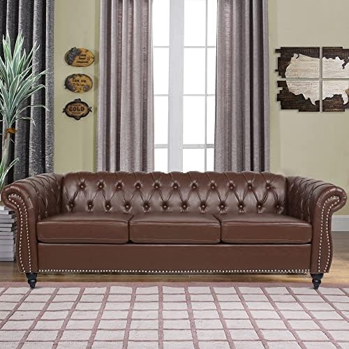 RARZOE Modern 3 Seater PU Chesterfield Sofa Upholstered Tufted Button Leather Chesterfield Couch Classic Faux Leather Settee with Nailhead Trim Scroll Arms for Living Room Bedroom(Dark Brown)