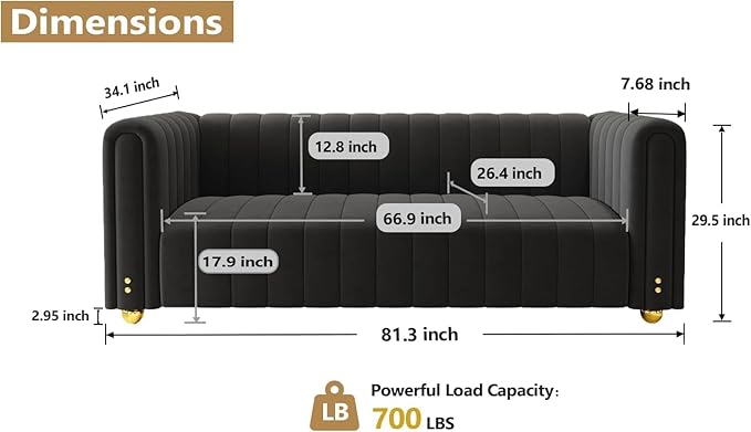 81.3'' Black Velvet Sofa Couch with Gold Metal Ball Legs Modern Mid Century Oversized 3-Seater Loveseat Comfy Couches for Living Room Office and Apartment