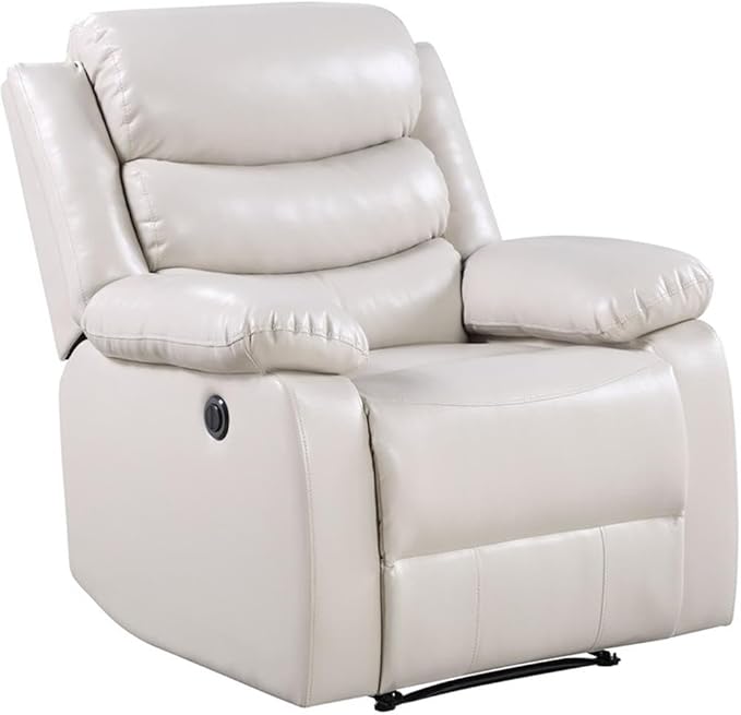 BOWERY HILL Power Recliner Faux Leather Upholstered Beige Finish 39 W x 38 D x 41 H Pillow Top Armrests Pocket Coil Spring Seating Adjustable Seat Comfortable Living Room Chair
