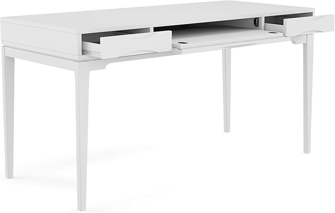 SIMPLIHOME Harper Desk - 60 Inch Wide Solid Wood Writing Desk in White Mid-Century Modern Home Office Computer Table for Workspace or Study with 2 Drawers and Flip-Down Keyboard Tray