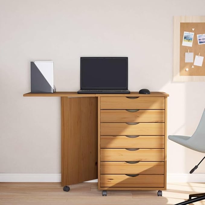 YAFF Solid Pine Rolling Cabinet with Desk Foldable Design Honey Brown Finish 7 Drawers Space-Saving &amp Durable Ideal for Home Office &amp Living Room 41.5x41.5x29.3 in