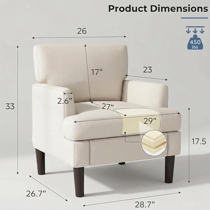 Kromax Accent Chair for Living Room Set of 2 No Screws Assembly Required Mid-Century Reading Chair for Bedroom Comfy Upholstered Armchair with Sturdy Legs Single Sofa Chair for Apartment Beige