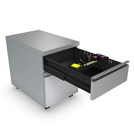OfficeSource - 2 Drawer Locking Metal Pedestal Filing Cabinet Silver Anti-Tip Castors Home or Office Underdeck Storage (CPSBFSI)