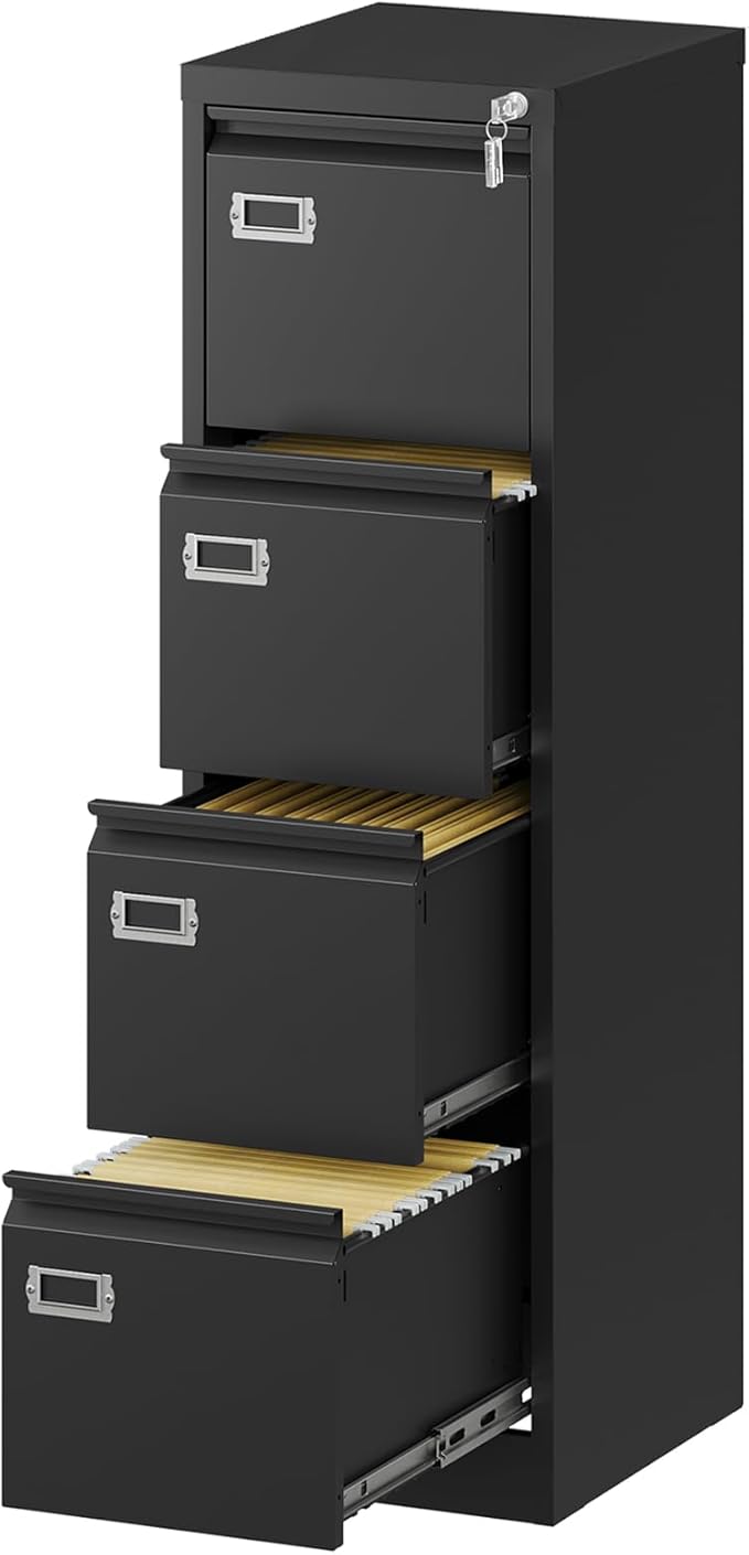 File Cabinet - 4 Drawers Vertical 17.8 Deep Lockable Filing Cabinet Black Metal Storage Cabinets for Home Office to Hanging Files Letter/Legal/F4/A4 Size